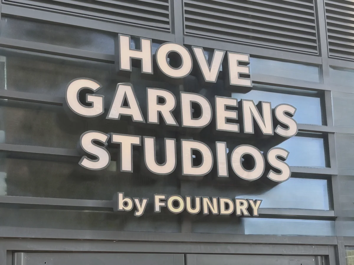 The Hove Gardens Studios by Foundry sign on the building